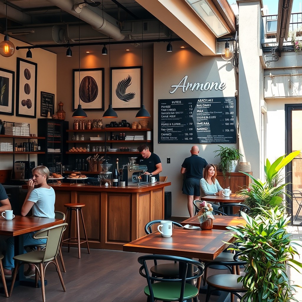 A cozy and stylish coffee bar named Armone, featuring a warm and inviting atmosphere