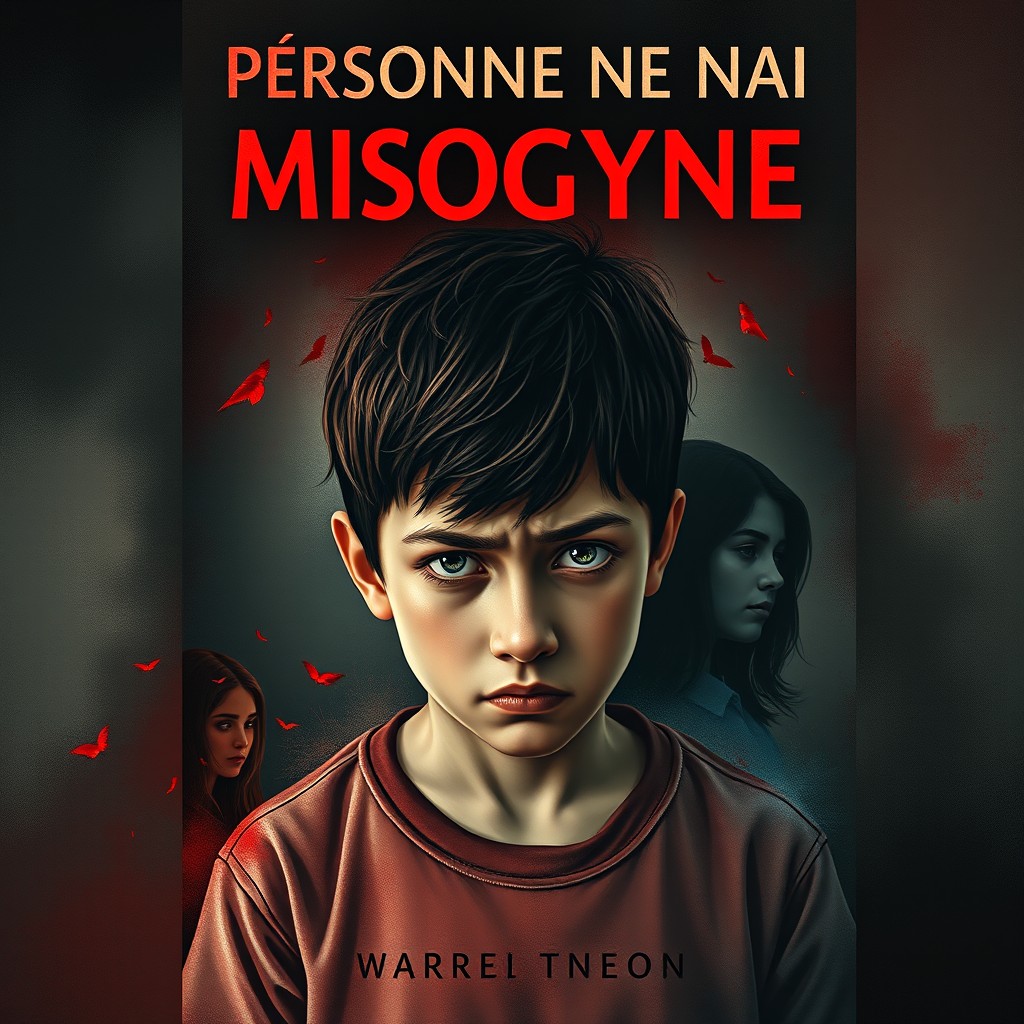A book cover for the title 'PERSONNE NE NAIT MISOGYNE', depicting a young boy with a look of sadness and anger on his face, symbolizing feelings of betrayal