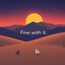 A calming lo-fi album cover illustration featuring a beautiful, serene mountain field during a late sunset transitioning into night