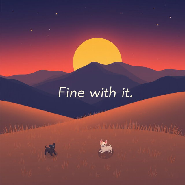A calming lo-fi album cover illustration featuring a beautiful, serene mountain field during a late sunset transitioning into night