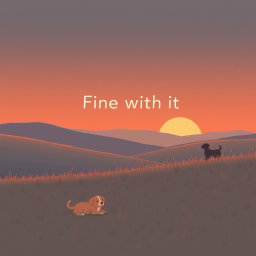 A calming lo-fi album cover illustration featuring a beautiful, serene mountain field during a late sunset transitioning into night