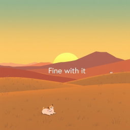 A calming lo-fi album cover illustration featuring a beautiful, serene mountain field during a late sunset transitioning into night