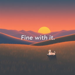 A calming lo-fi album cover illustration featuring a beautiful, serene mountain field during a late sunset transitioning into night