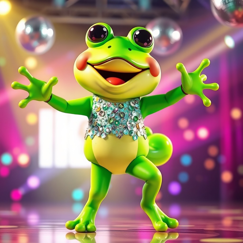 A playful green froggy character dressed in a sparkly outfit, featuring sequins and glitter, energetically performing a K-pop dance on a colorful stage
