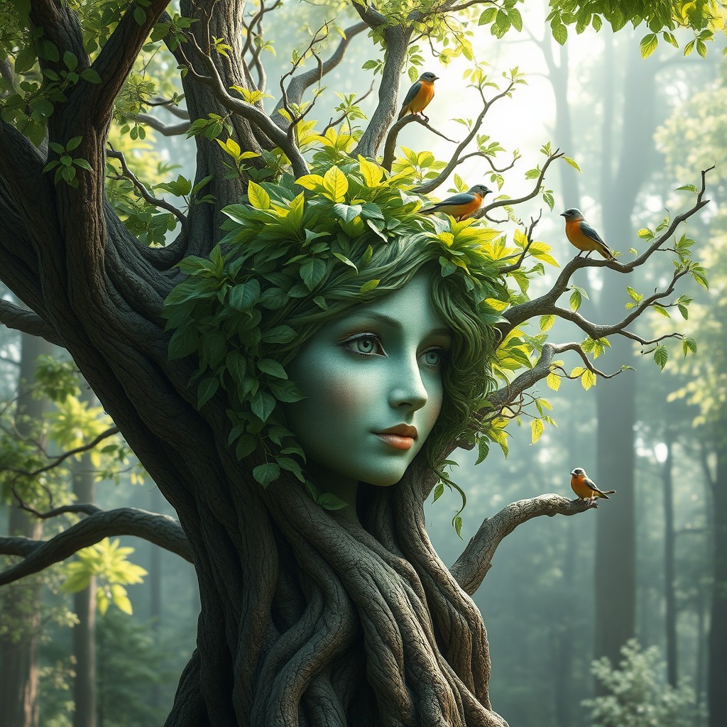A mystical tree with the intricately sculpted face of a woman, formed from its branches and leaves
