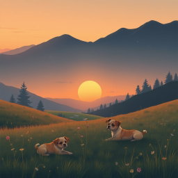 A realistic lo-fi album cover illustration depicting a serene mountain field during a late sunset transitioning into night