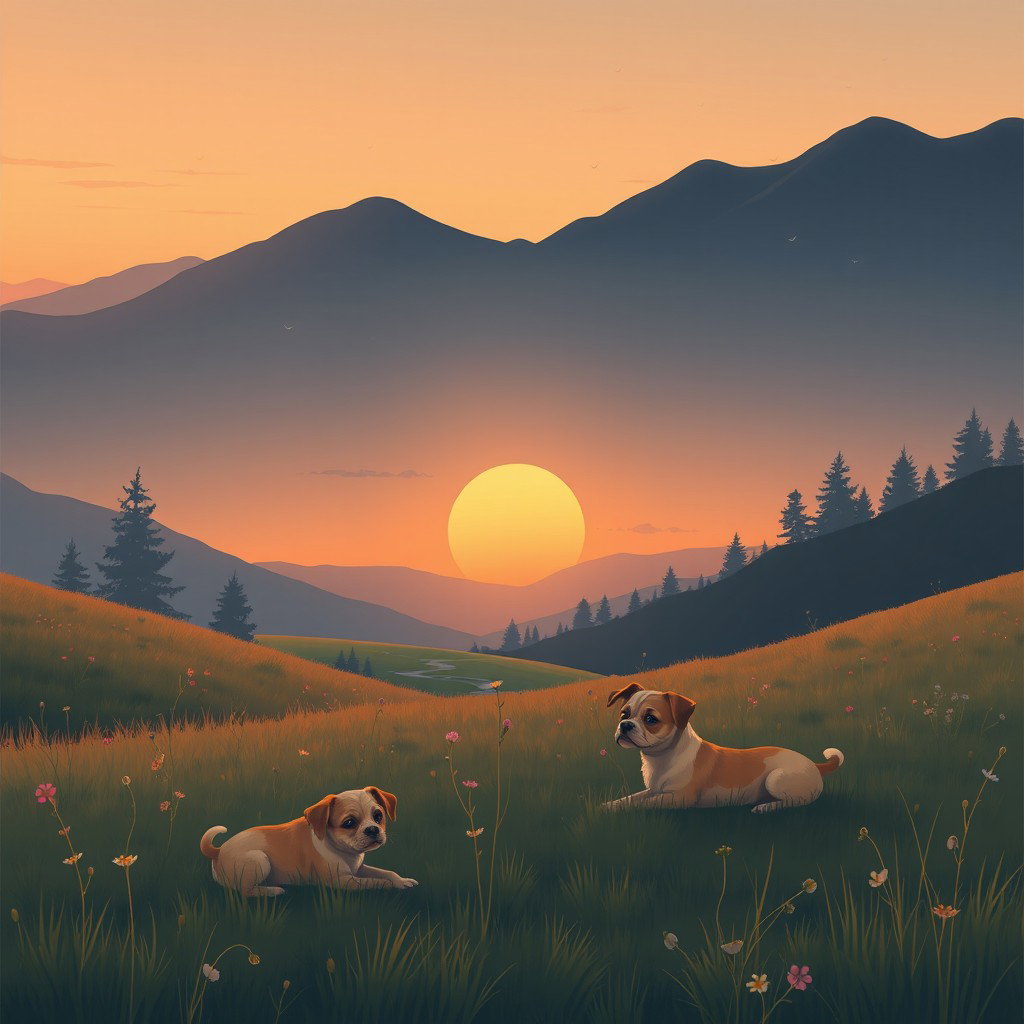 A realistic lo-fi album cover illustration depicting a serene mountain field during a late sunset transitioning into night
