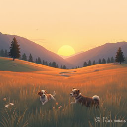 A realistic lo-fi album cover illustration depicting a serene mountain field during a late sunset transitioning into night