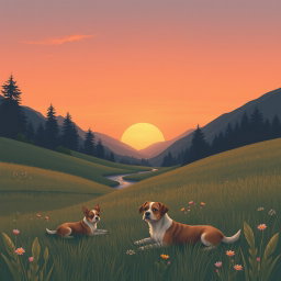 A realistic lo-fi album cover illustration depicting a serene mountain field during a late sunset transitioning into night