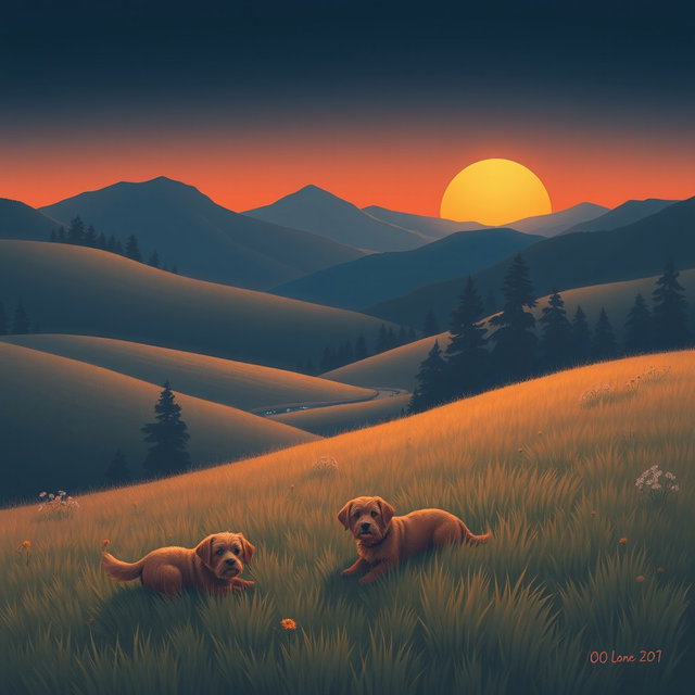 A realistic lo-fi album cover illustration depicting a serene mountain field during a late sunset transitioning into night