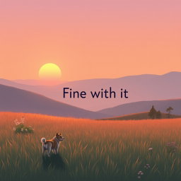 A highly realistic lo-fi album cover illustration depicting a peaceful mountain field during a late sunset transitioning into night