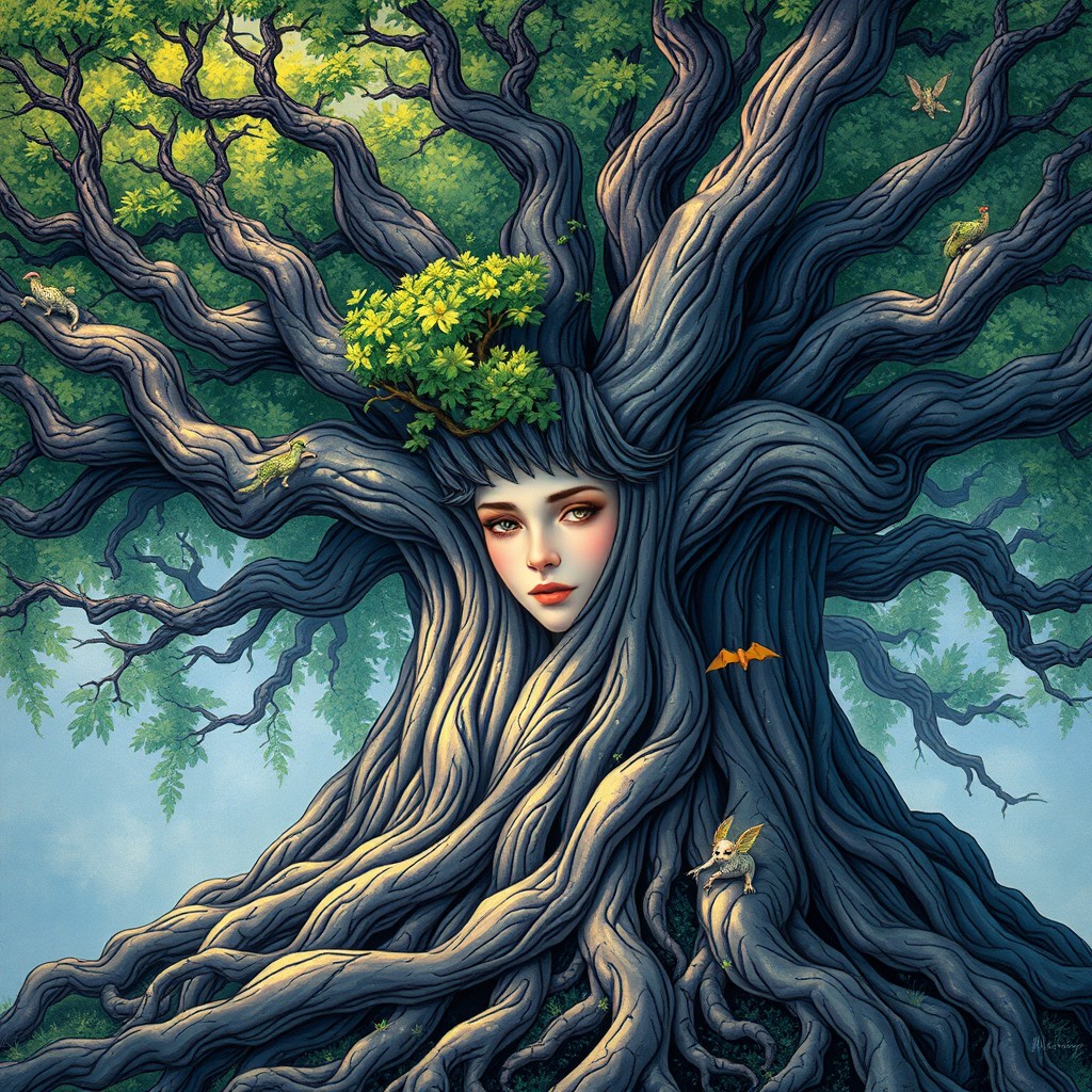A massive, majestic tree with sprawling roots that intertwine and twist upward into its trunk, leading up into the robust branches