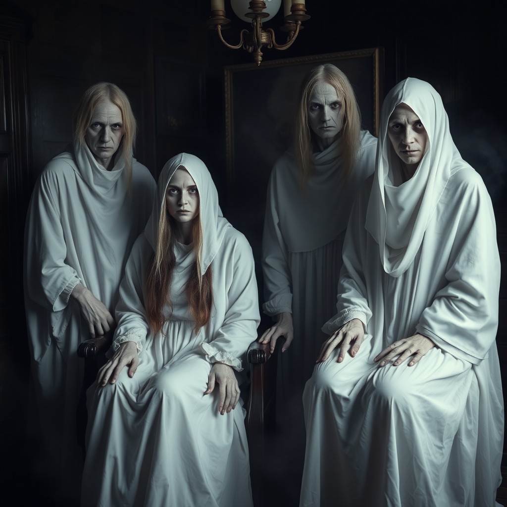 A creepy family portrait featuring four members dressed in flowing, all-white clothing that drapes eerily around them