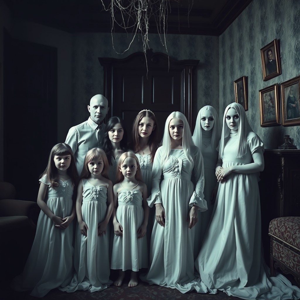 A spooky family portrait featuring several children and adults, all dressed in flowing, all-white clothing that adds to the eerie atmosphere