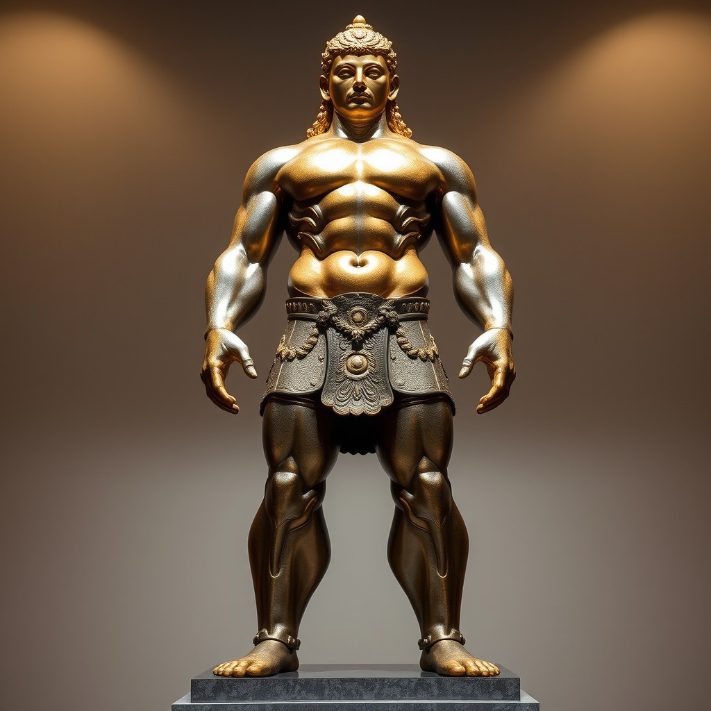 A majestic statue depicting a figure with a head and neck made of shimmering gold, showcasing intricate detailing in the texture
