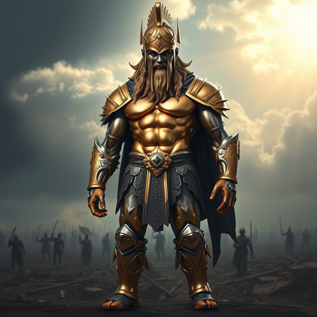 A majestic warrior, featuring a head and neck crafted from shining gold, exuding an aura of power and strength