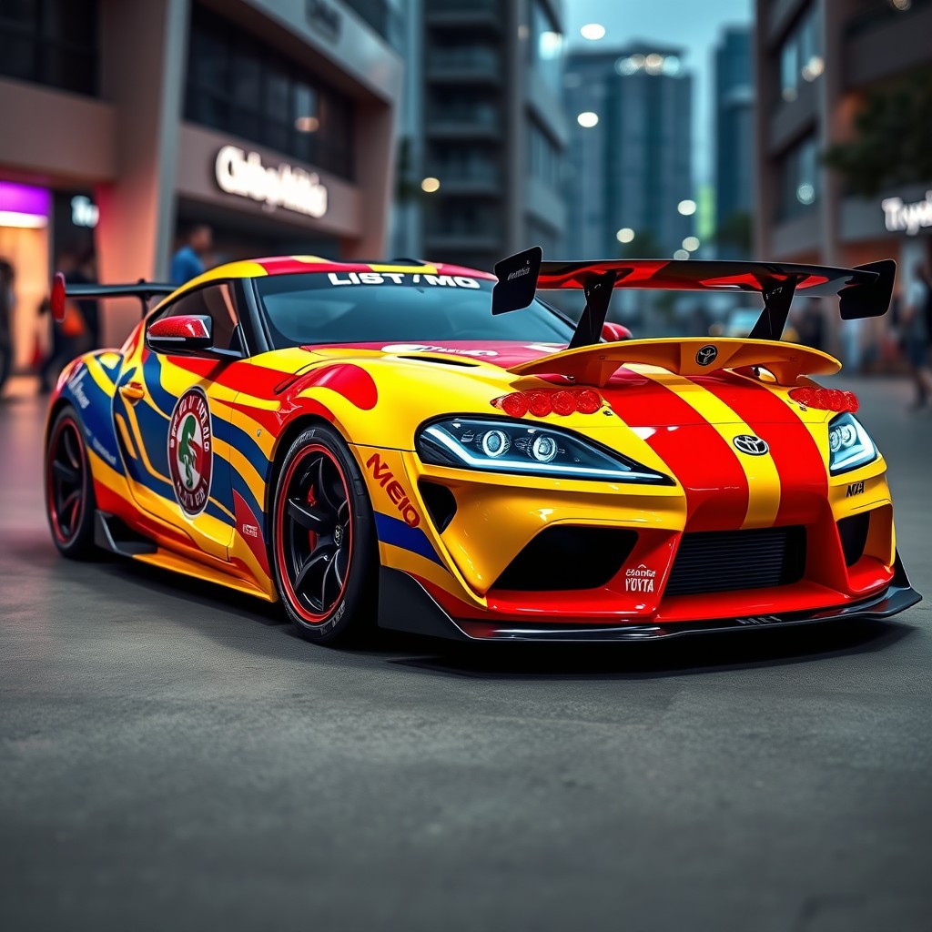 A modified Toyota Supra MK4, featuring a vibrant and sporty design, showcasing the logo of the Club Atlético Voleibol Cabezo de Torres prominently on the body