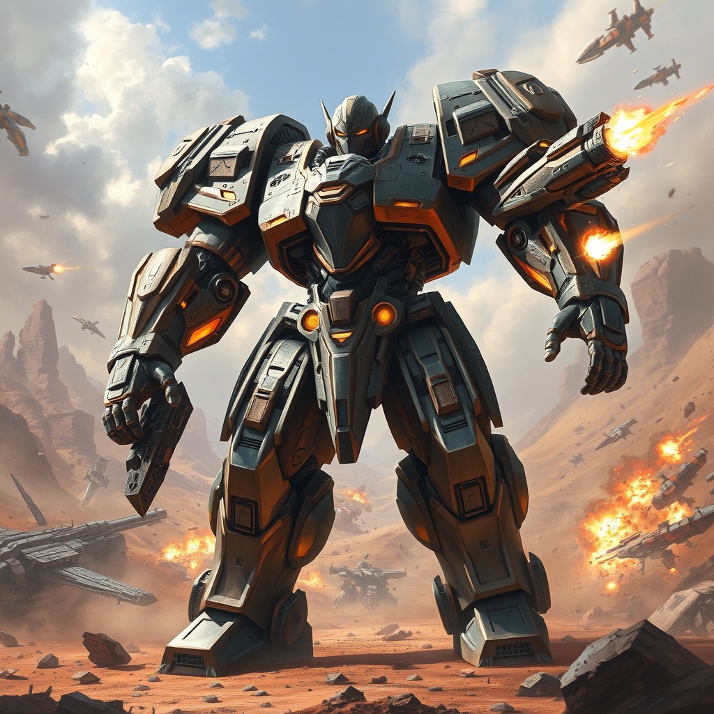 A giant Goliath fighter standing tall and imposing in a dynamic battle stance, clad in intricate, high-tech armor with glowing accents