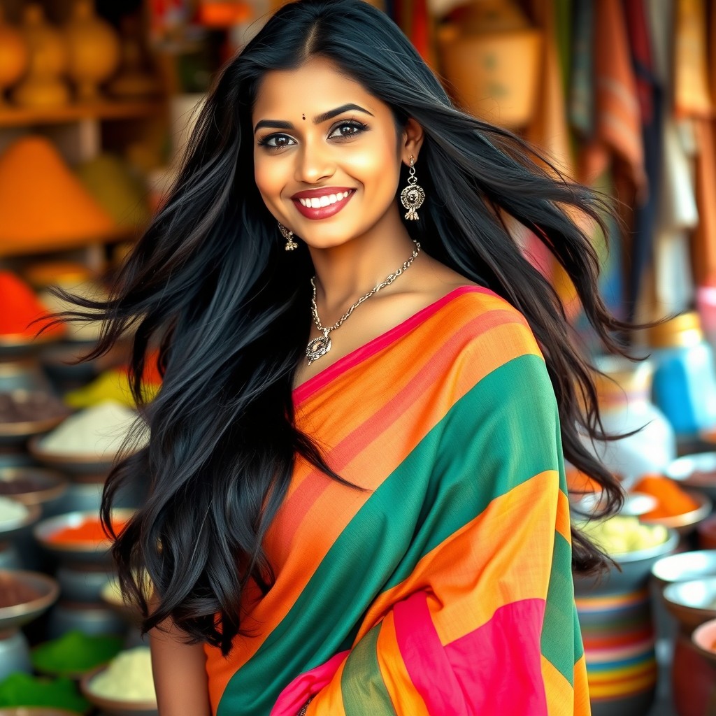 A voluptuous Indian woman with long, flowing black hair, wearing a colorful saree that elegantly drapes over her curves