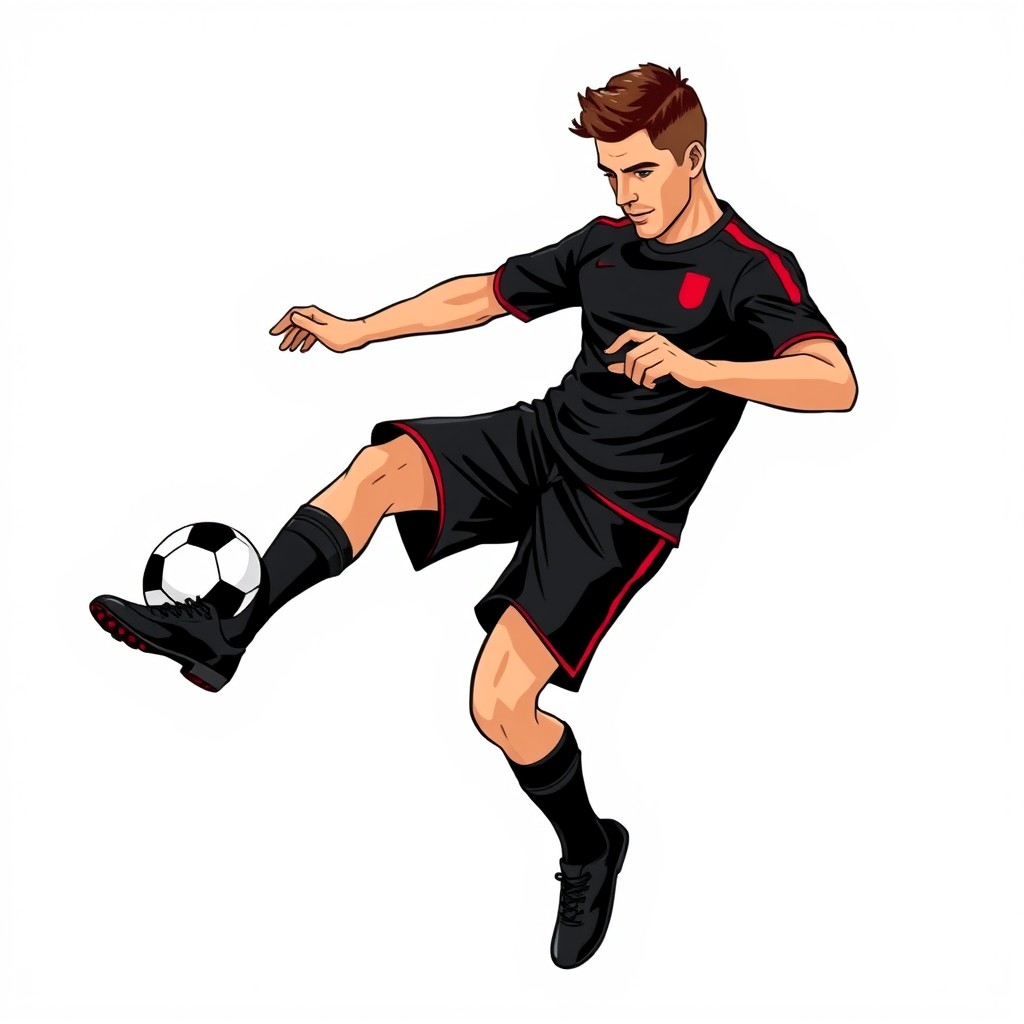 A sticker-style illustration of a man kicking a soccer ball