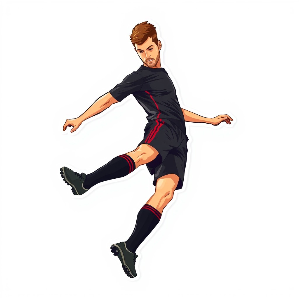 A sticker-style illustration of a man kicking a soccer ball