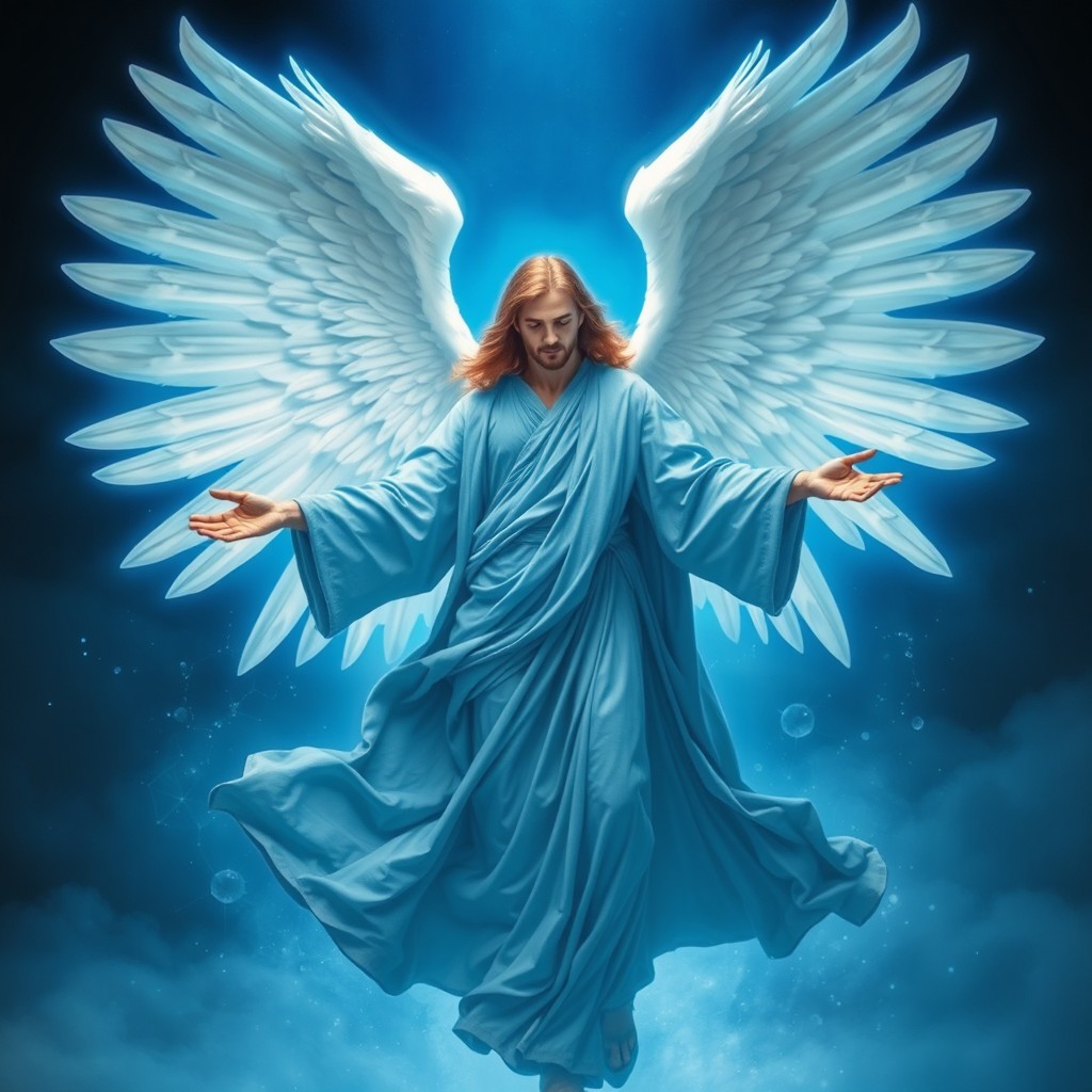 A majestic Arcangel adorned in flowing blue robes, gracefully extending his magnificent white wings