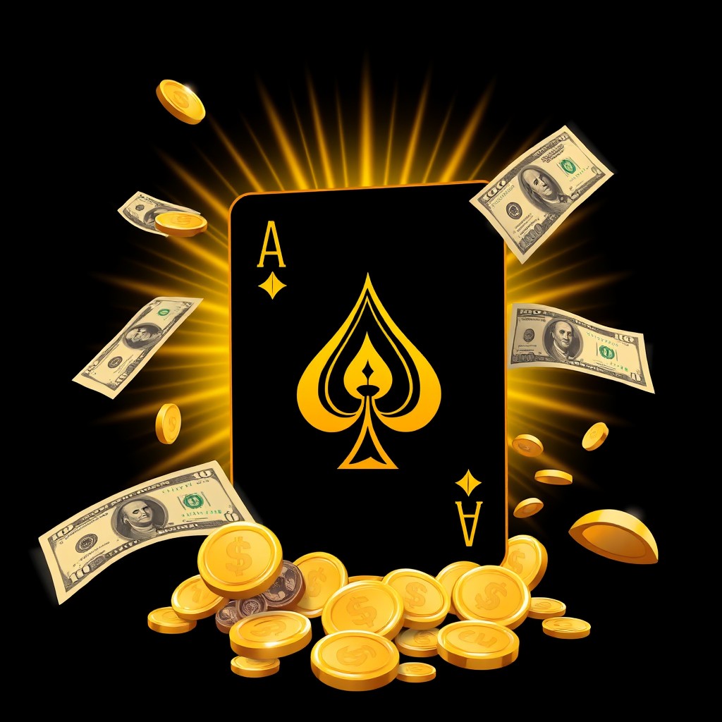 An artistic illustration of a Spanish-style 'As de Oro' playing card in the center, surrounded by golden coins and US dollar bills floating elegantly around it