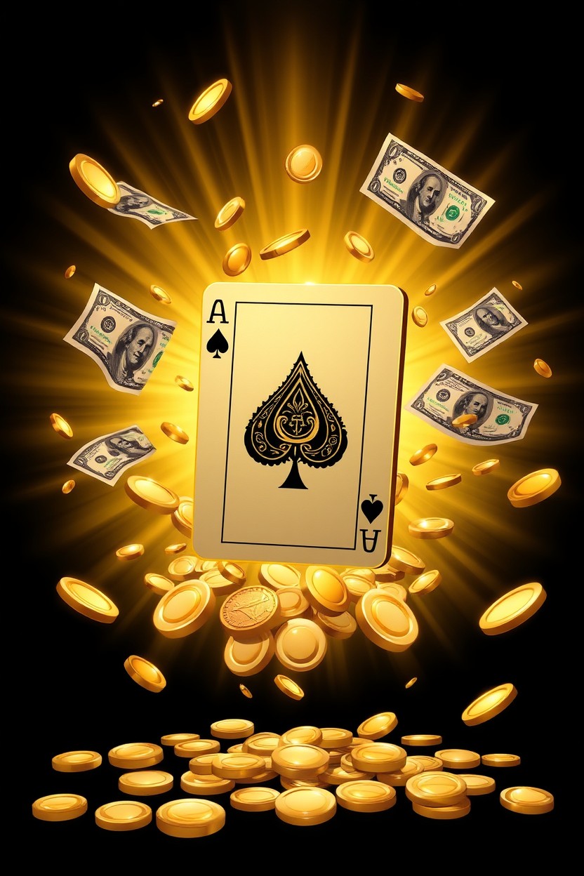 An artistic illustration of a Spanish-style 'As de Oro' playing card in the center, surrounded by golden coins and US dollar bills floating around it in a whimsical manner