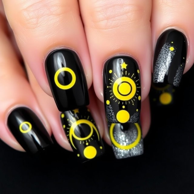 A stunning nail design featuring square-shaped nails inspired by the colors of the Pokémon Umbreon