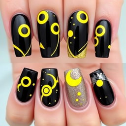 A stunning nail design featuring square-shaped nails inspired by the colors of the Pokémon Umbreon