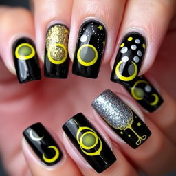A stunning nail design featuring square-shaped nails inspired by the colors of the Pokémon Umbreon
