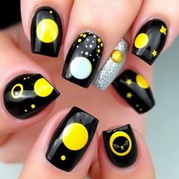 A stunning nail design featuring square-shaped nails inspired by the colors of the Pokémon Umbreon