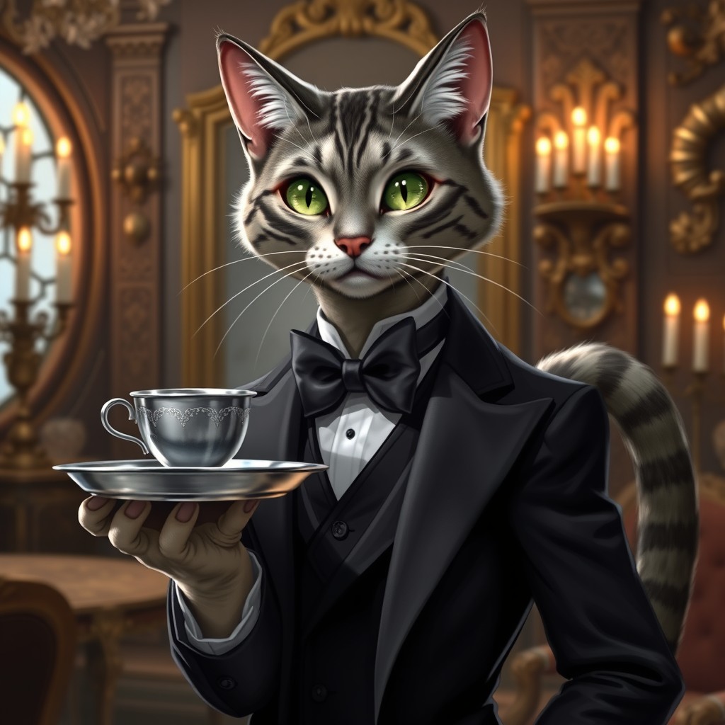 A humanoid cat butler character for a Dungeons & Dragons game, featuring sleek fur, elegant clothing, and a sophisticated demeanor