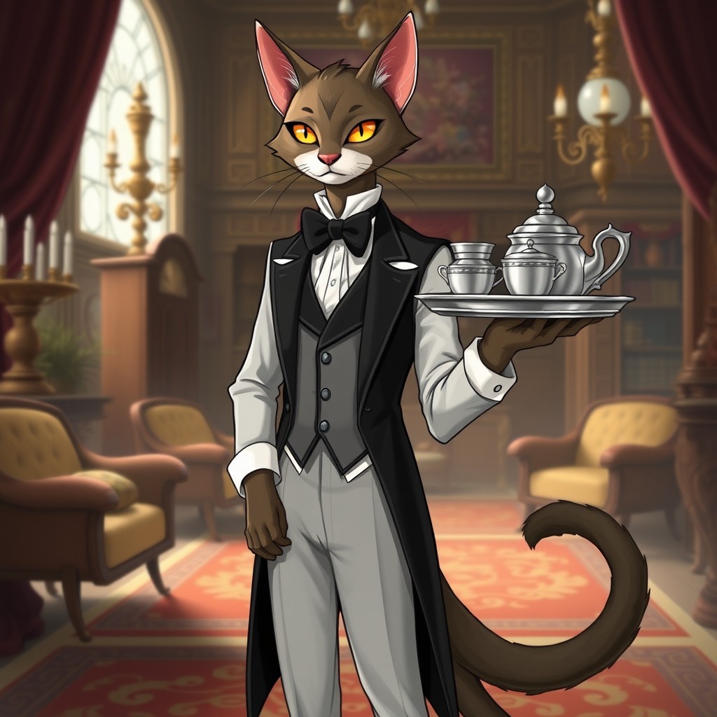 A stylized humanoid cat butler character for a Dungeons & Dragons campaign, featuring slender feline features and an air of sophistication