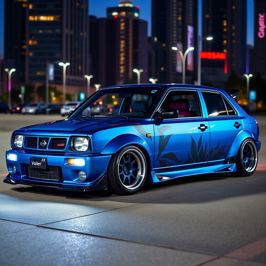 A Nissan Violet 710 with four doors, featuring a vibrant and dynamic tuning style