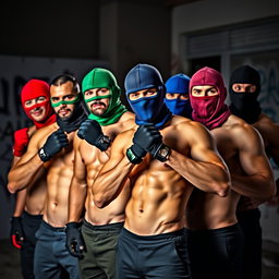 A dynamic group of shirtless men, each wearing stylish gloves and different colored balaclavas, exuding confidence and strength