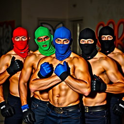 A dynamic group of shirtless men, each wearing stylish gloves and different colored balaclavas, exuding confidence and strength