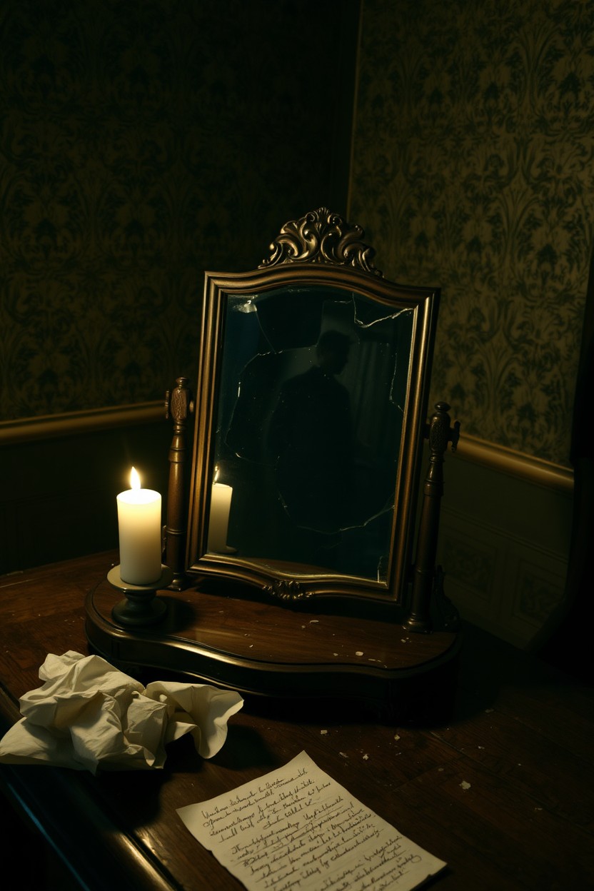 A broken mirror on a wooden table reflects a vague silhouette of a man, barely visible