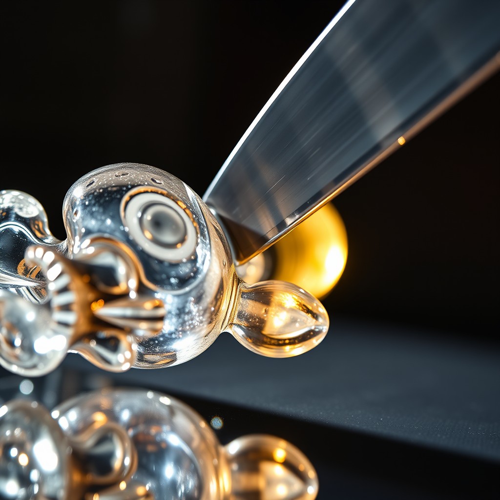 A close-up view of a glass toy shaped like a Labubu, glistening in the light with intricate details and textures