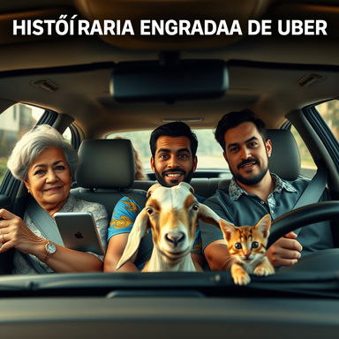 Inside an Uber car, viewed from the front passenger side, showcasing a detailed and hyper-realistic interior