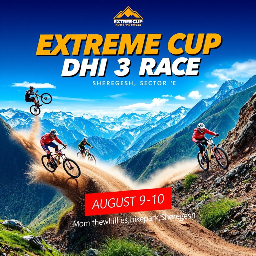 An exciting event poster for the "Extreme Cup DHI 3 Race" held on August 9-10 in Sheregesh, sector 'E', at the Sheregesh bike park