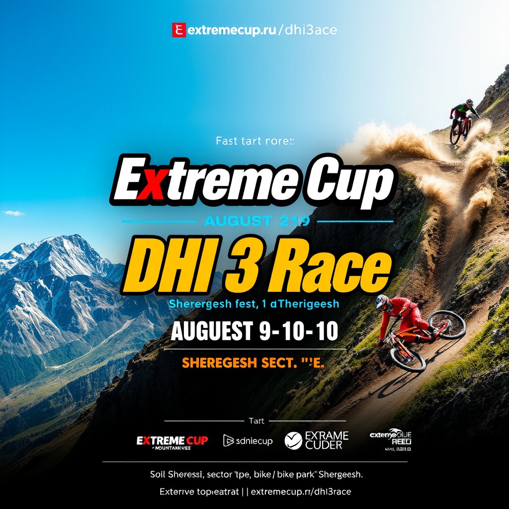 A captivating event poster for the "Extreme Cup DHI 3 Race" scheduled for August 9-10 in Sheregesh, sector 'E', at the Sheregesh bike park
