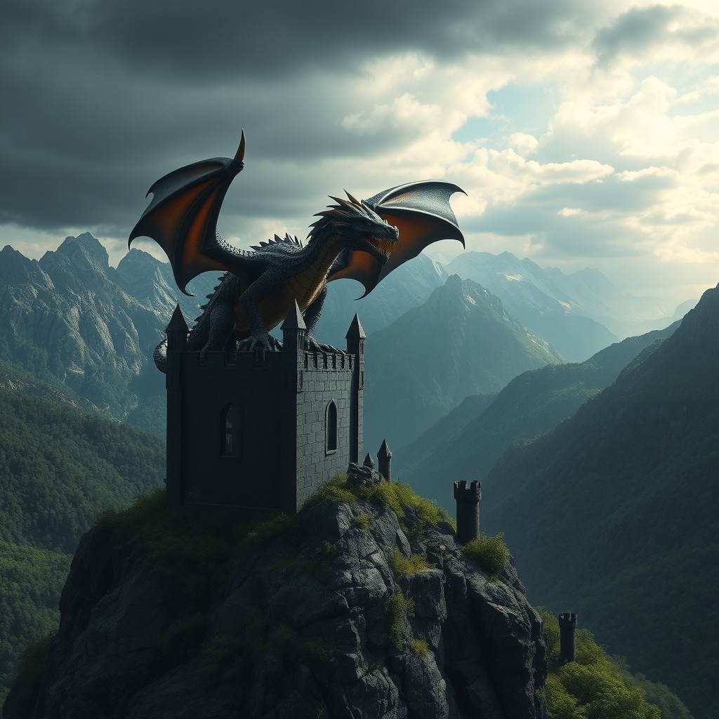 An aggressive dragon perched atop a dark fortress, surrounded by a breathtaking natural landscape of mountains