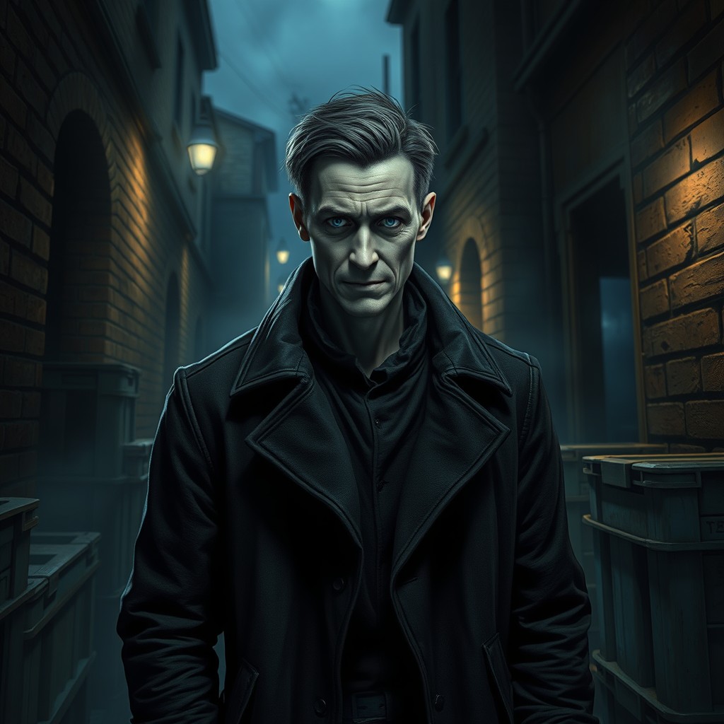 A pale, enigmatic smuggler dressed in a dark, rugged coat, standing in a shadowy alleyway