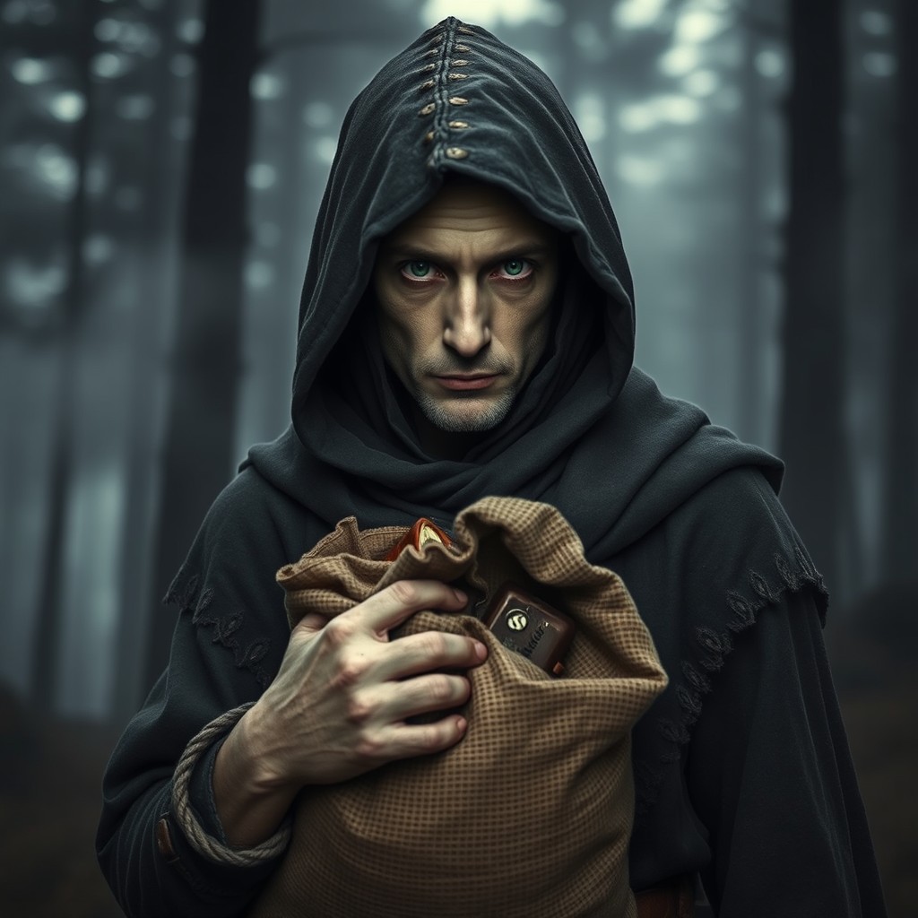 A pale medieval smuggler wearing a dark, tattered hooded cloak, partially obscuring their face