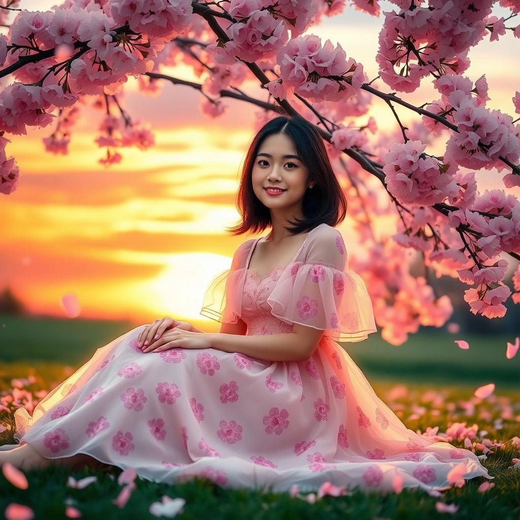 A serene scene featuring a lady with shoulder-length dark brown hair sitting gracefully under a pink cherry blossom tree