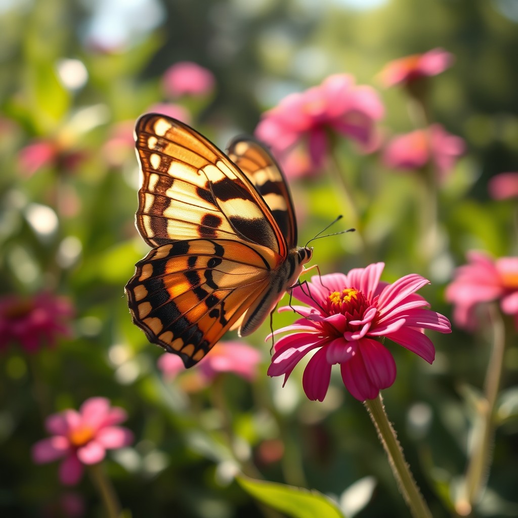 A stunningly realistic close-up photograph of a butterfly perched delicately on a vibrant flower in a lush natural setting