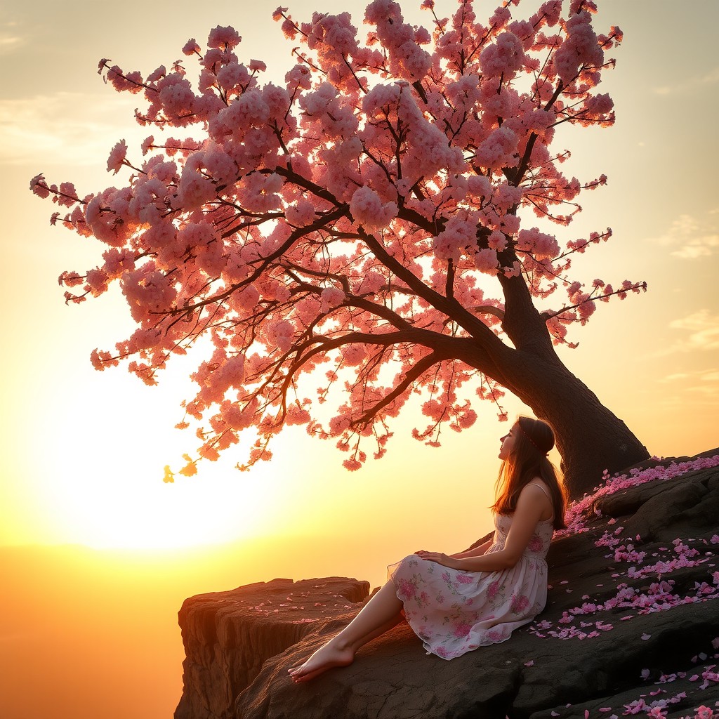 A breathtaking scene featuring a beautiful setting sun casting golden rays over the horizon, illuminating a side cliff adorned with a cherry blossom tree