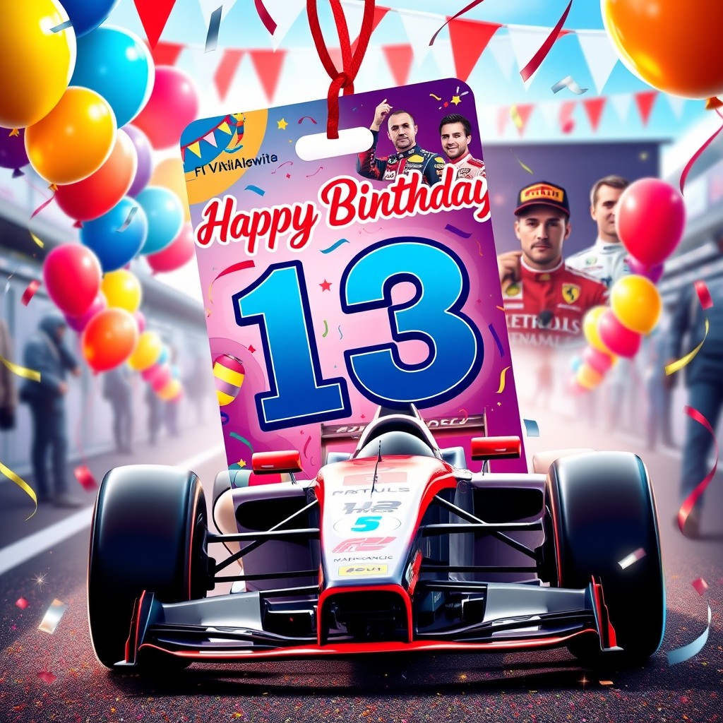 A vibrant and lively scene depicting a Formula 1 VIP paddock pass designed for a 13-year-old's birthday party