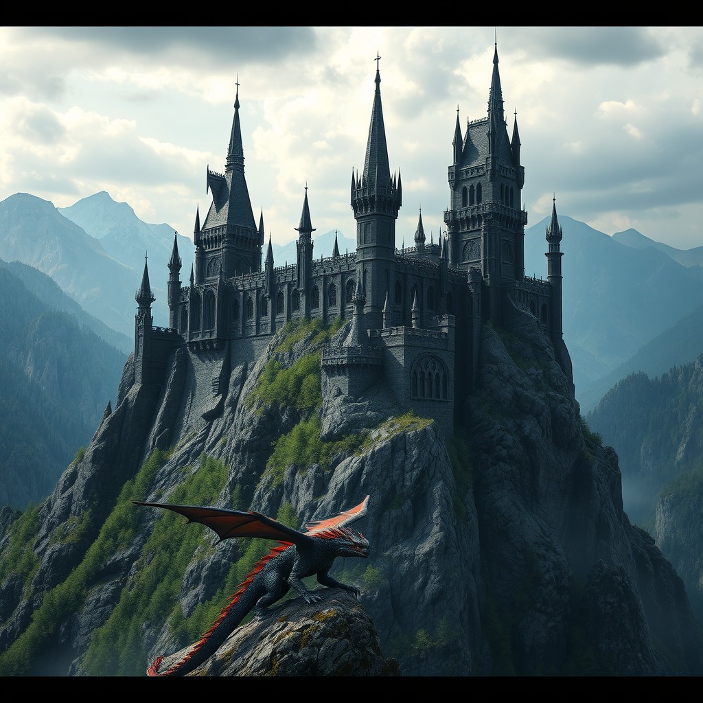 An enormous dark fortress, towering atop a mountain peak, surrounded by a breathtaking natural landscape